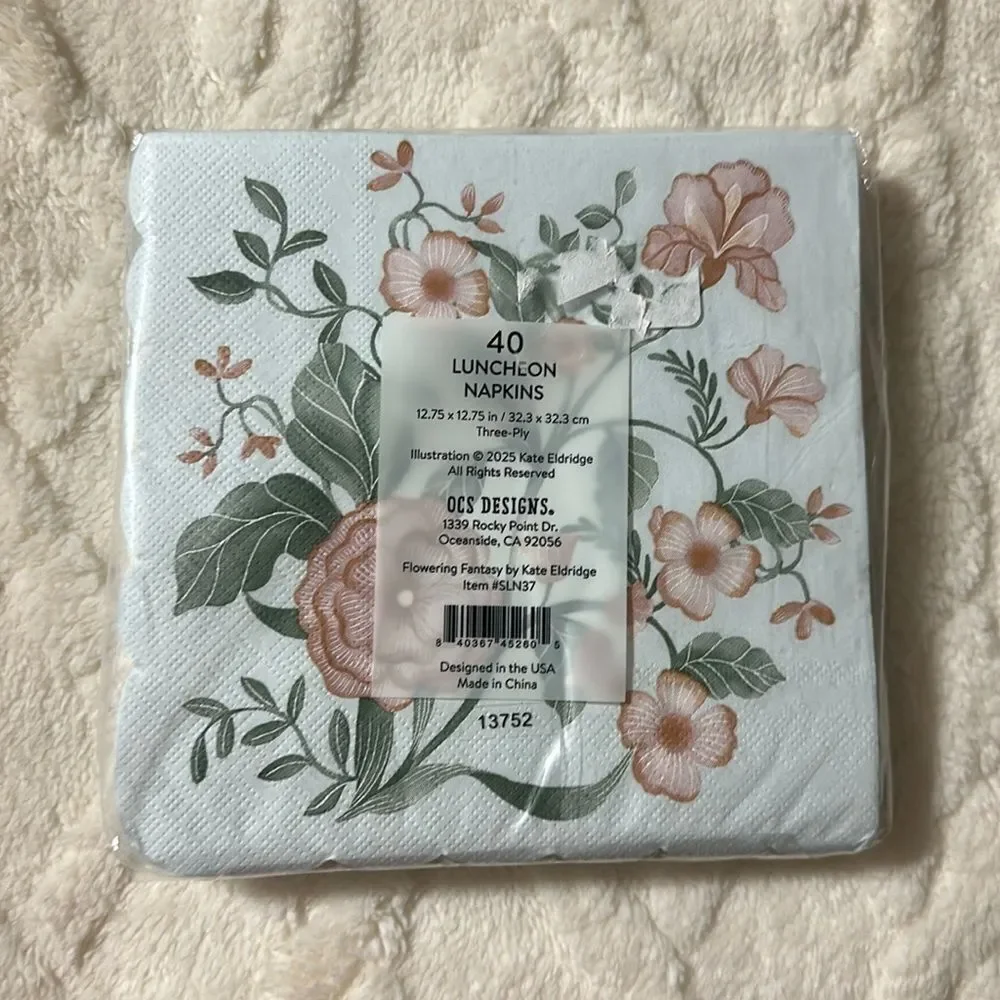 OCS Pastel Blue Coral Green Floral Scalloped Square Lunch Napkins 40 pk x 2